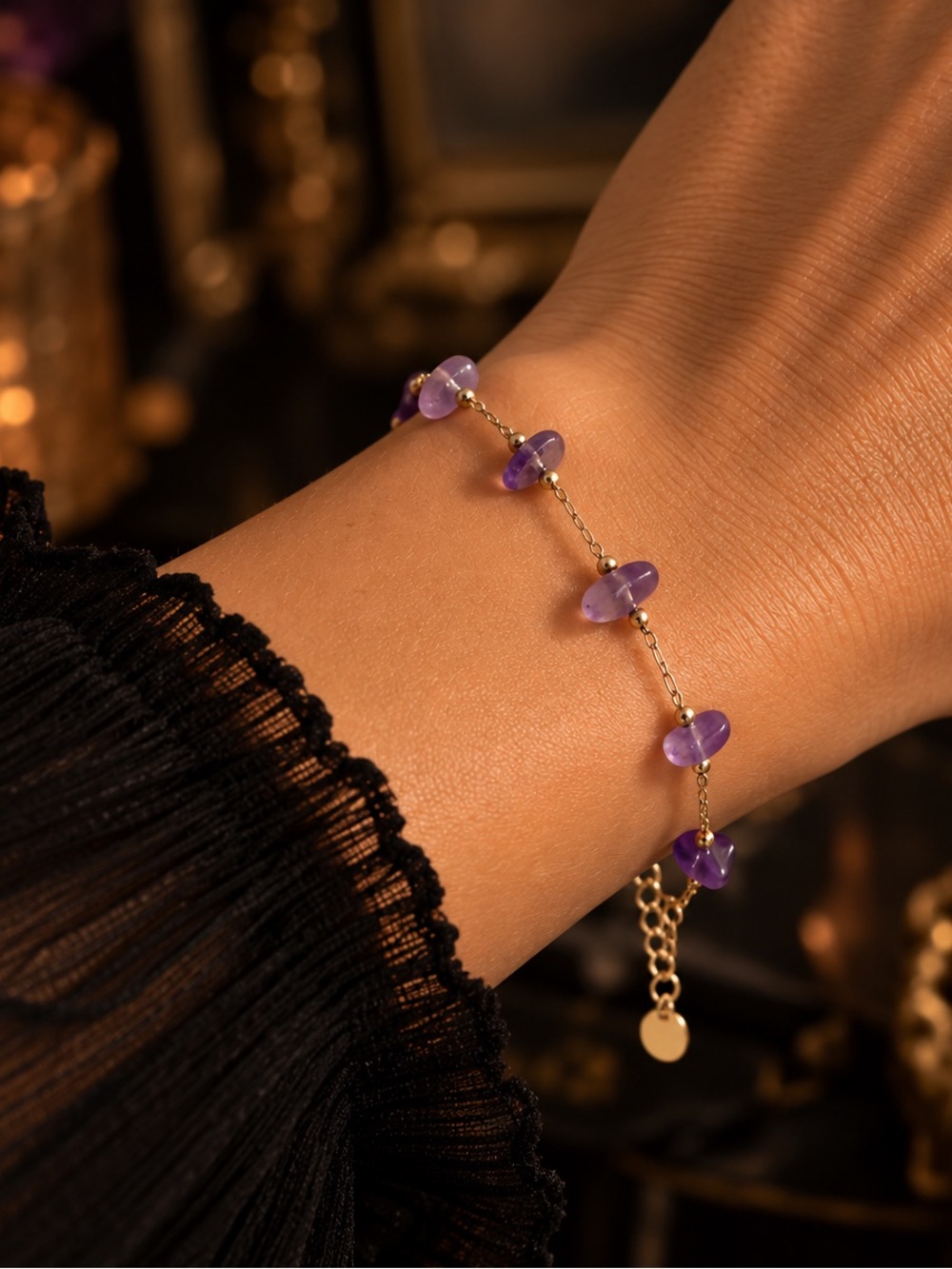 Gold Chain Bracelet with Amethyst Bead Details